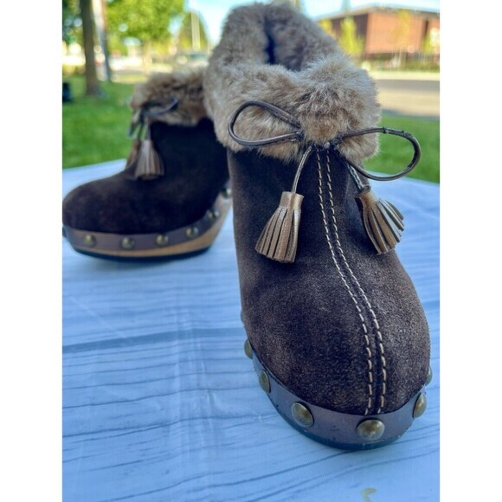 Colin Stuart chunky brown suede faux fur trimmed booties boots size 6